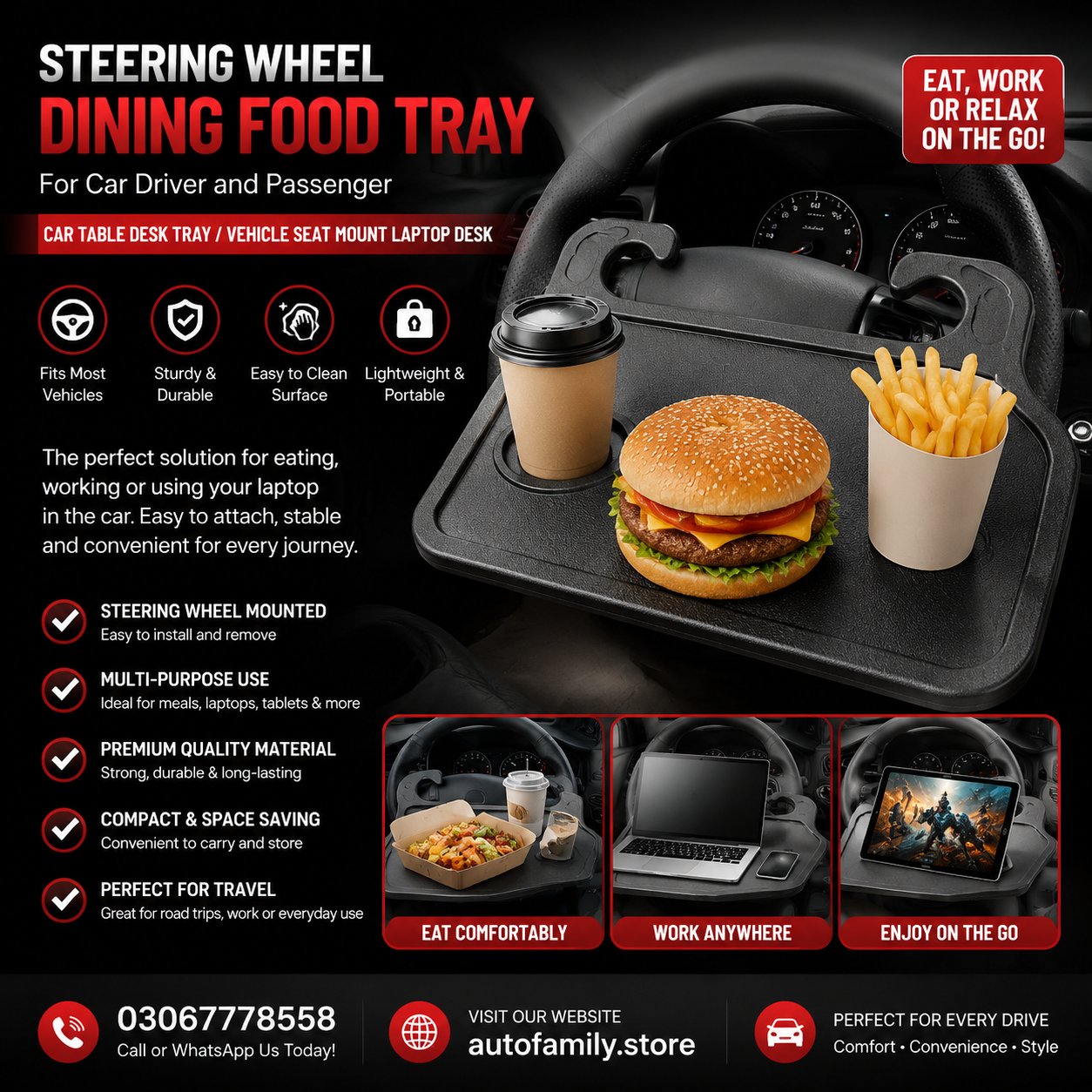 Steering Wheel Dining Food Tray for Car Driver and Passenger Car Table Desk Tray / Vehicle Seat Mount Laptop Desk