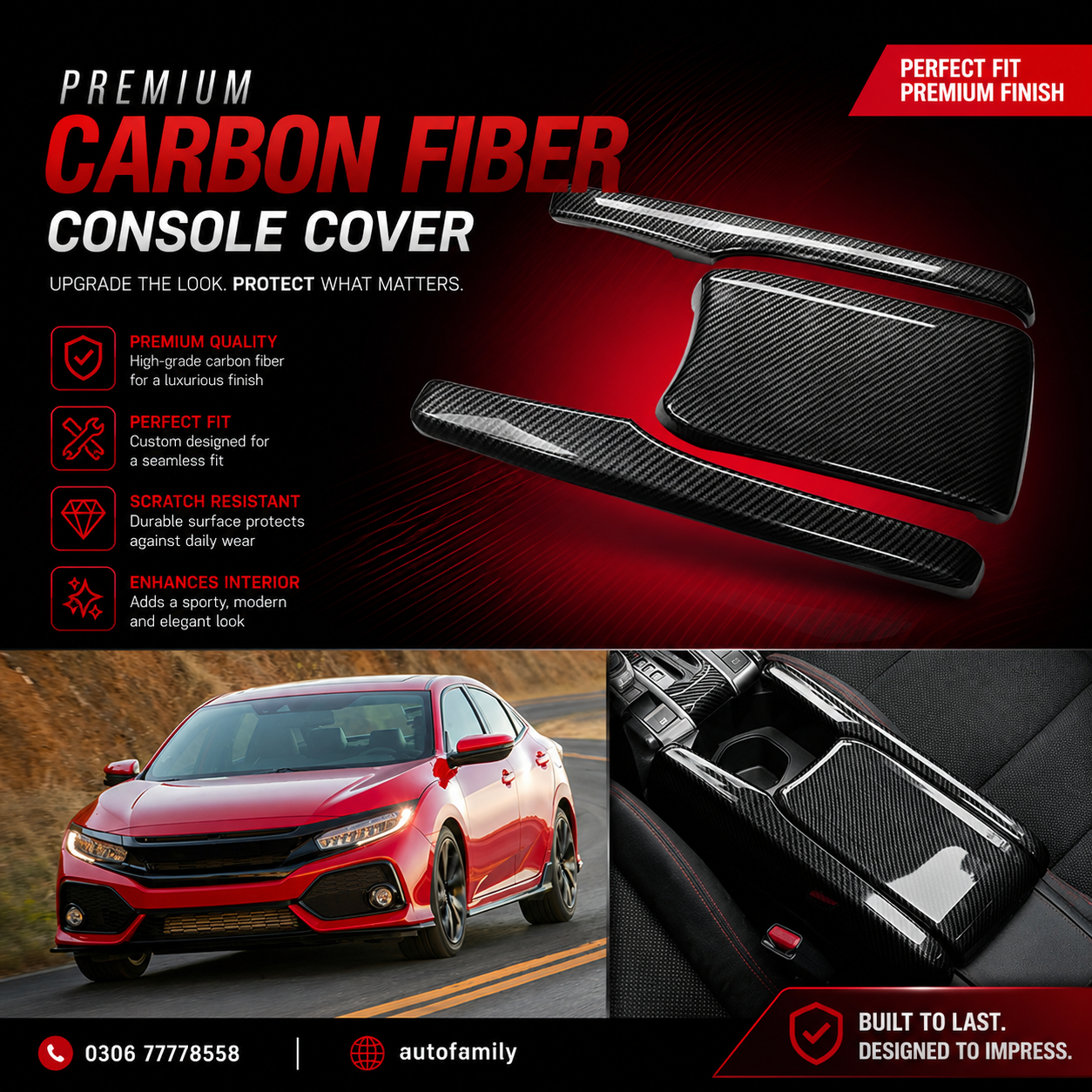 Honda Civic X Carbon Fiber Gear Shift Panel Cover Trim | Center Console ABS Interior Sticker for Honda Civic 10th Gen (2016–2021)