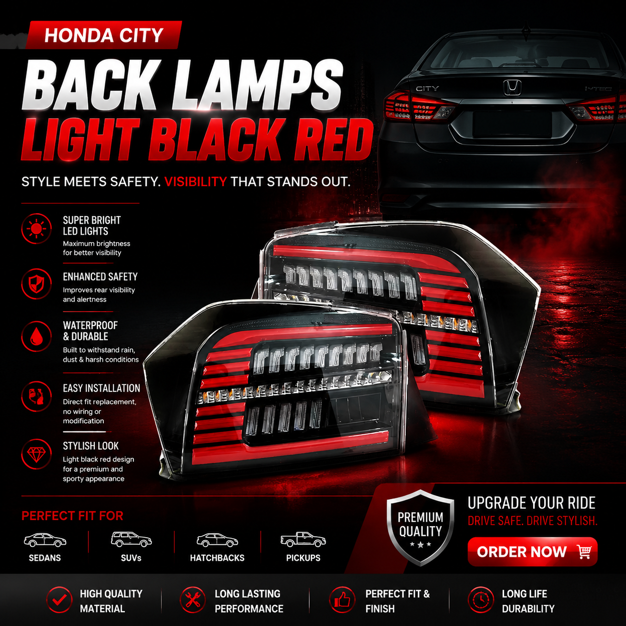 Honda City Back Lamps Smoke Red V2 Pair