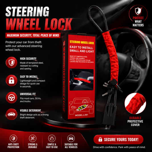Heavy Duty Car Steering Wheel Lock | Universal Anti-Theft Seat Belt Security Lock with Steel Cable & 2 Keys